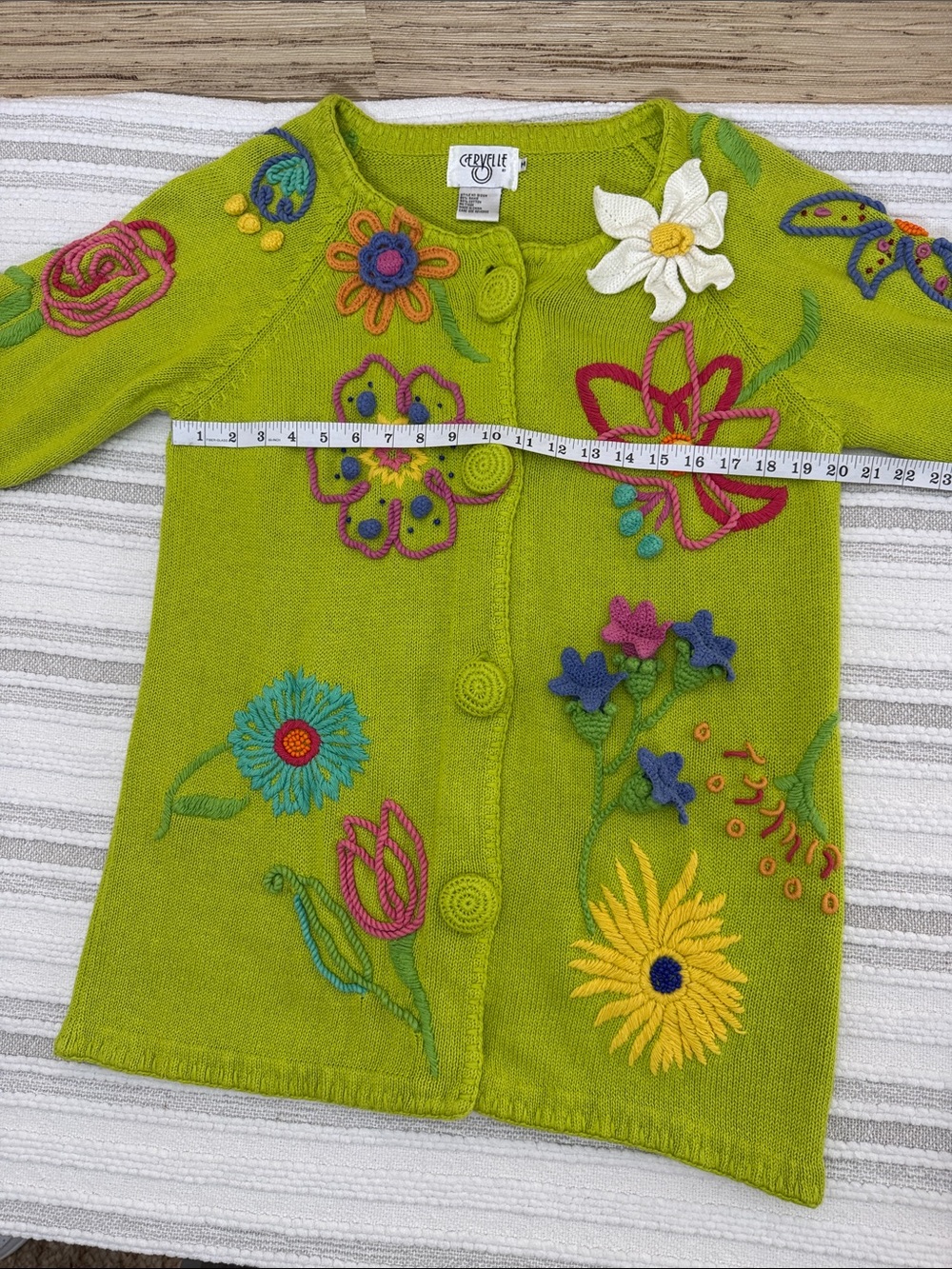 Vintage Cervelle 3D Floral Embroidered Beaded Novelty Cardigan Lime Green M - Picture 12 of 15